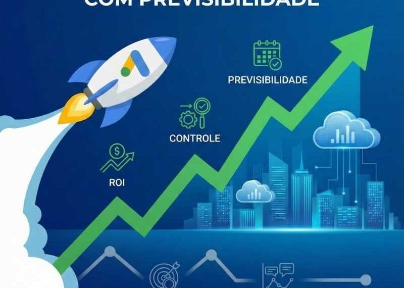 Gráfico de crescimento ascendente simbolizando previsibilidade financeira com a logo do Google Ads, representando investimento seguro e retorno mensurável