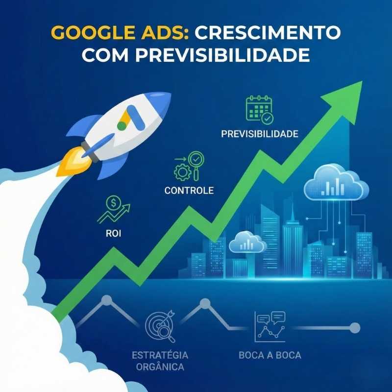 Gráfico de crescimento ascendente simbolizando previsibilidade financeira com a logo do Google Ads, representando investimento seguro e retorno mensurável