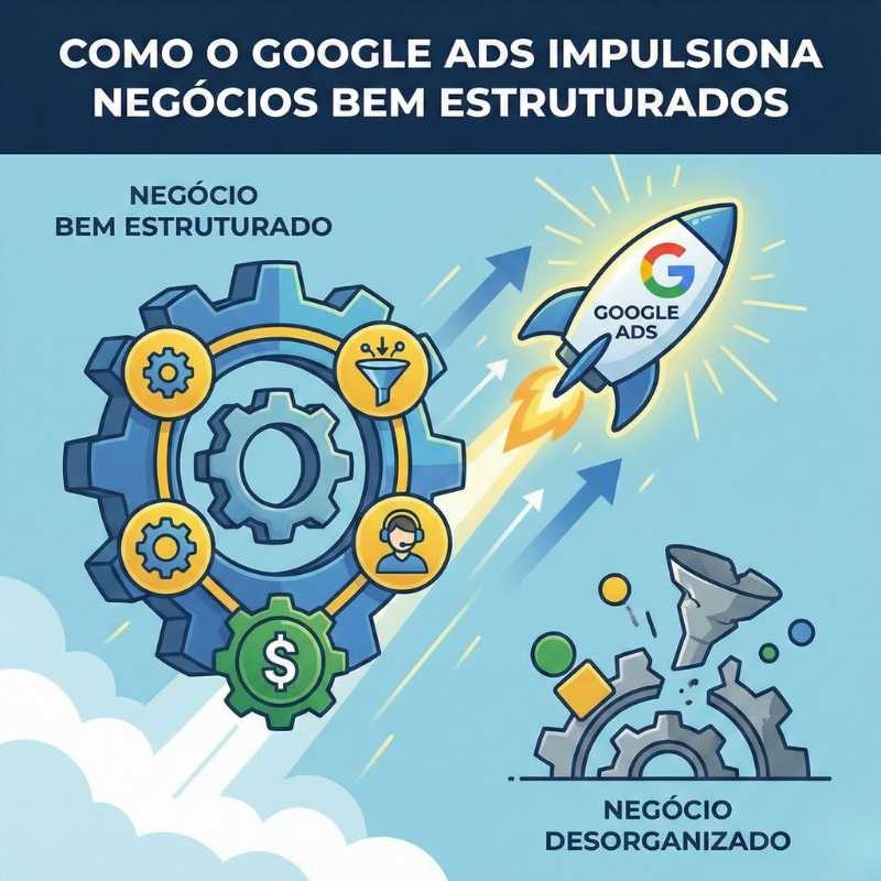 Infográfico comparativo mostrando um foguete com a logo do Google Ads impulsionando engrenagens de um negócio bem estruturado, em contraste com um funil quebrado representando um negócio desorganizado