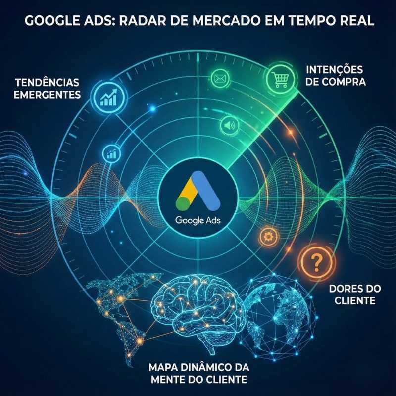 Representação visual de uma tela de radar digital com o logotipo do Google Ads, identificando pontos de dados, tendências de mercado e comportamento do consumidor em tempo real