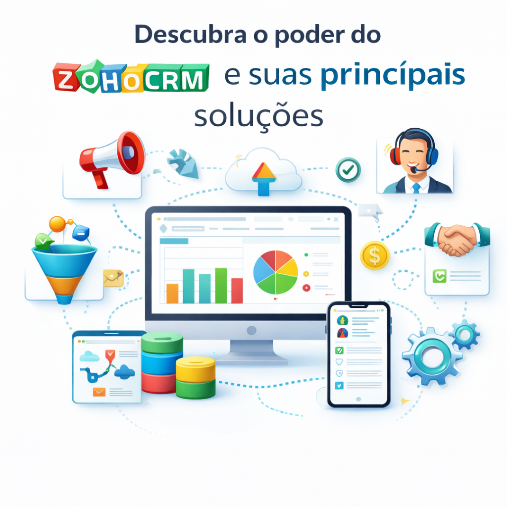 Ilustração do Zoho CRM com painel de dados ao centro e ícones das principais soluções integradas ao redor, representando vendas, marketing, suporte, automação e gestão de clientes